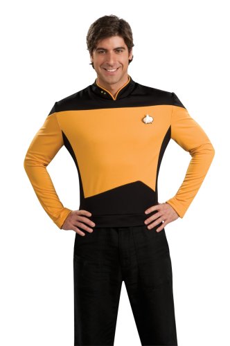 Deluxe Star Trek The next Generation Kostüm Uniform gold gelb goldene Trekkiuniform Trekki mit Rangabzeichen Rang Abzeichen Föderation Deep Space Nine USS Enterprise Enterpriseuniform Commander Gr. L, M, XL, Größe:XL