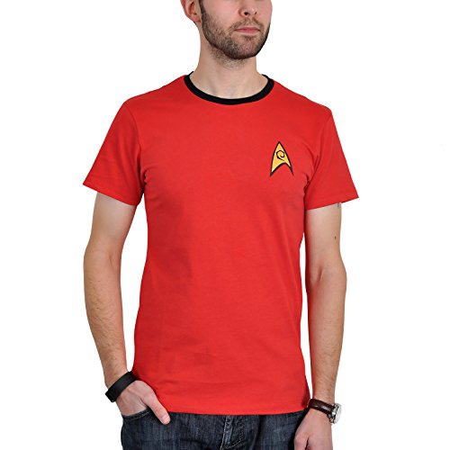 Star Trek Scotty Uniform T-Shirt Raumschiff Trekkie Kostüm Convention Baumwolle rot Kult mit Emblem – XXL